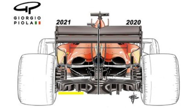 "A la izquierda está el difusor trasero para 2021; a la derecha está el viejo difusor trasero con tracas más largas", informó la Fórmula 1 (Foto: F1 Oficial)